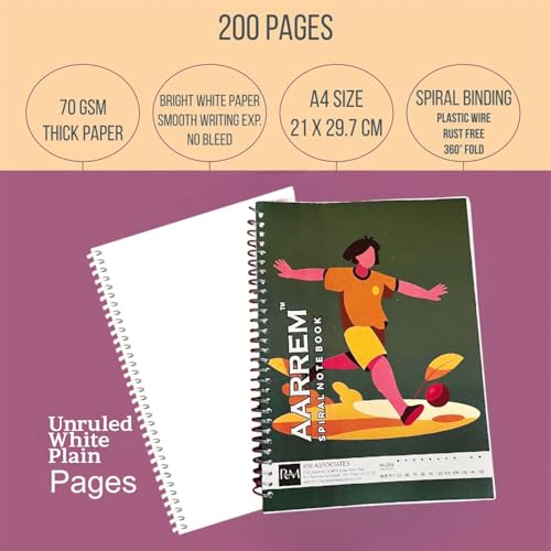 Image of Premium Spiral Notebook Plain A4 Size, Unruled 70 GSM Pages, 200 pages, College Unruled Paper, School Office Supplies, Multicolor Pack of (18)