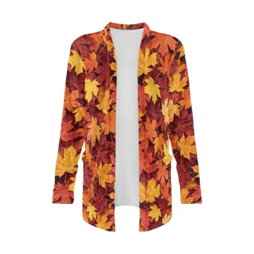 Image of Fall Maple Leaf Cardigan Sweaters for Women Long Sleeve Cardigan Soft Drape Open Front Dusters V-Neck Jackets Dressy