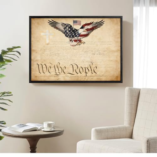 Image of American Flag Framed Canvas Wall Art, 4th of July Red White Blue Canvas Prints, USA Flag with Bald Eagle Patriotic Decorations, Vintage Independence Day Wall Decor for Bedroom Living Room 20x24