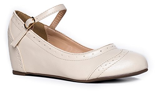 J. Adams Minnie Mary Jane - Retro Round Toe Ankle Strap Wedge - Vintage Oxford - Nude Vegan Leather - 8 #TOP17