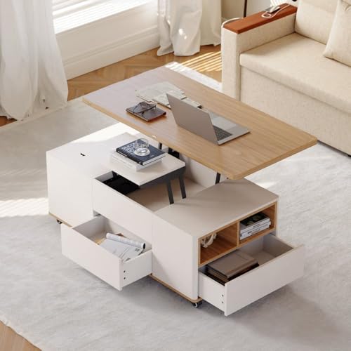 Homary Table Basse Relevable, Table Basse Salon Bois avec Rangement Caché, Mode Bureau Salle à Manger, Tournante Hydraulique, Meuble Convertible, Hauteur...
