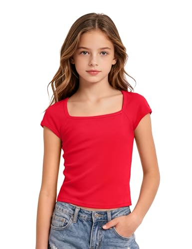 Image of Crop Tops for Girls Short Sleeve Shirt Girls Summer Tops Square Neck Slim Fit Tops Basic Tee