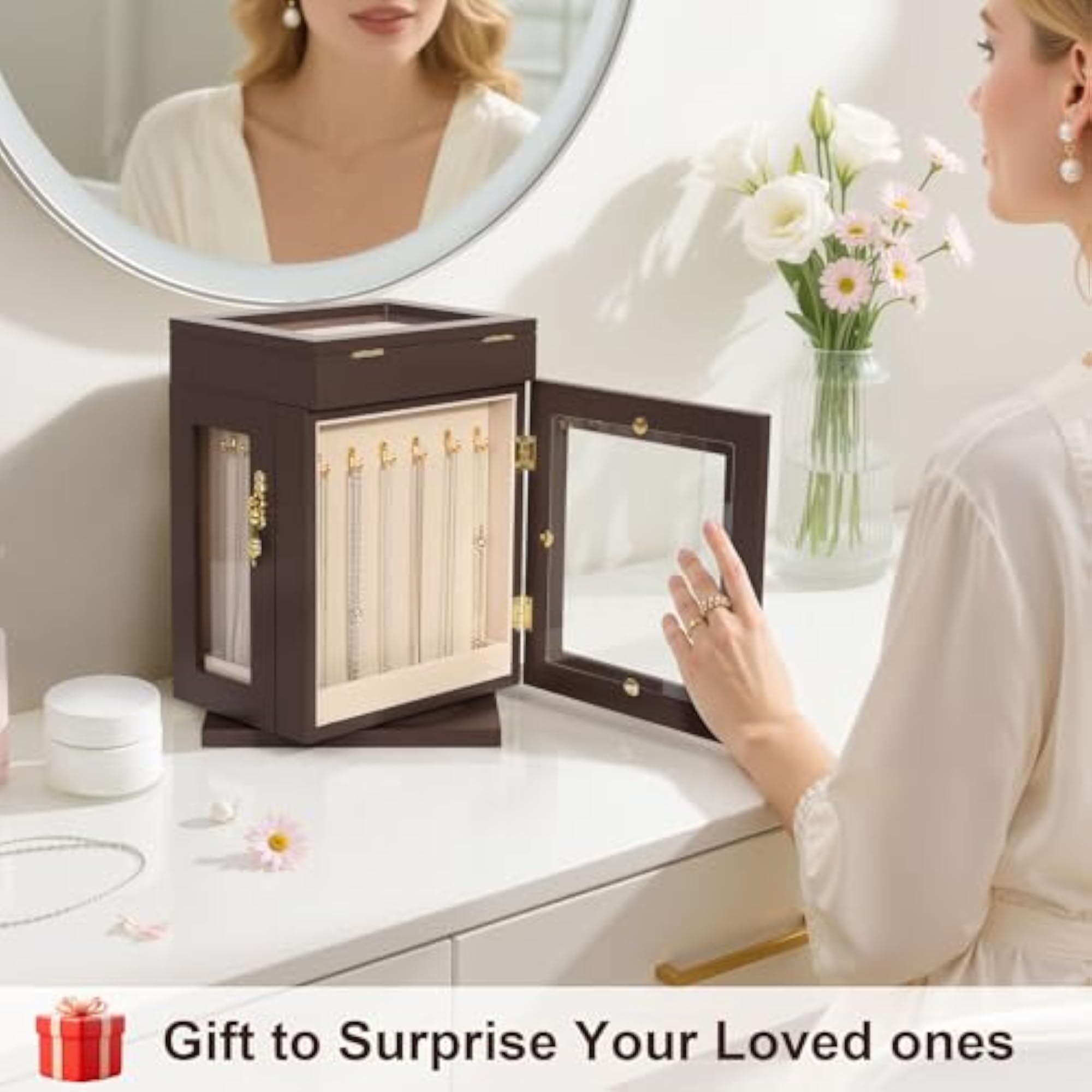 360° Rotating Wooden Jewelry Box for Women
