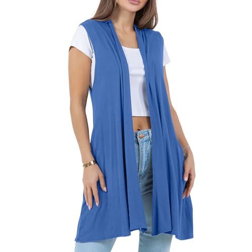Image of Azules Sleeveless Long Cardigan for Women with Pockets - Lightweight Open Front, Flowy Dressy Layer for Work or Casual Wear