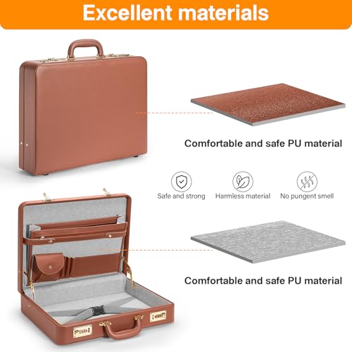 17.5x13.5x3.5 Inch Briefcases for Men - Vintage Hard Case Attache with Dual Combination Lock - PU Leather Locking Brief Case, Partitioned Storage for Laptop Document Phone Passport, Brown2