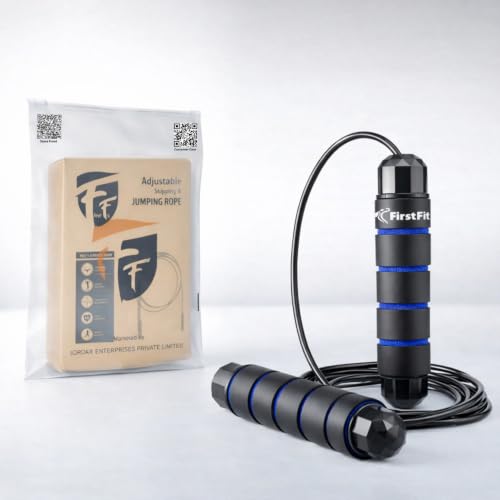 Image of FirstFit Polyvinyl Chloride Jump Rope Tangle-Free Rapid Speed Jumping Rope Cable with Ball Bearings for Women, Men, and Kids, Adjustable Steel Skipping Rope with Foam Handles - Black & Blue