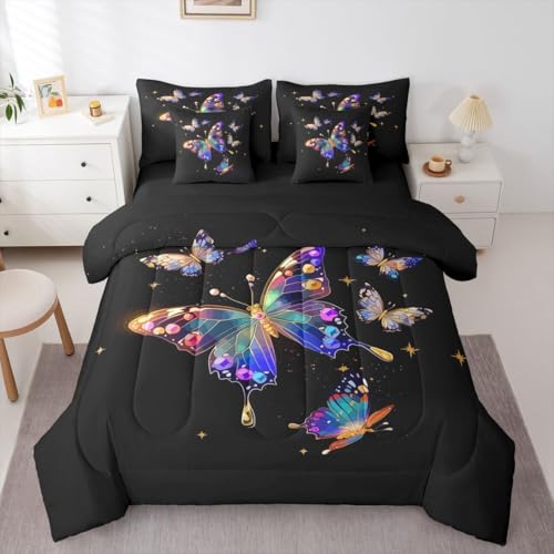 Image of Erosebridal Flying Butterfly 7 Pieces Bedding Set King,Diamond Butterflies Bed in a Bag,Outer Space Galaxy Bed Set Includes Comforter,Sheet Set,Pillowcases & Pillow Covers,Starry Sky Bedroom Decor