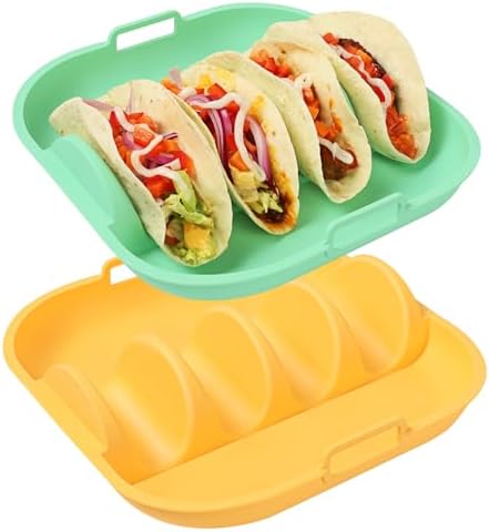 YQL Silicone Taco Holder Set of 2, 10.5 x 10.5 Inch Reusable Taco Plates with 4 Dividers, Rack Holder Stand Kit for Family Party Nights, Non-Slip Shell Mold, Microwave & Dishwasher Safe
