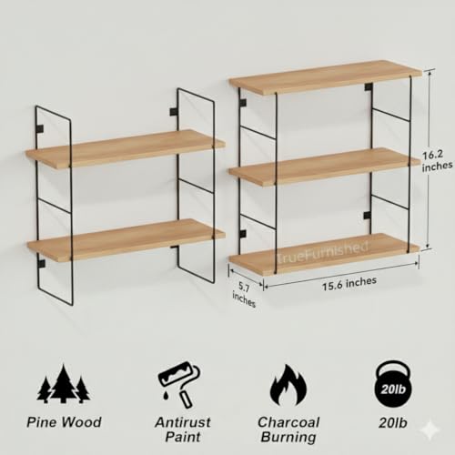 Image of Wall Mounted Floating Shelves for Bedroom, Living Room, Kitchen, Bathroom Wooden Shelf with Metal Brackets, Rustic Decorative Rack, Books & Storage - Real Australian Pine Wood(NOT MDF)