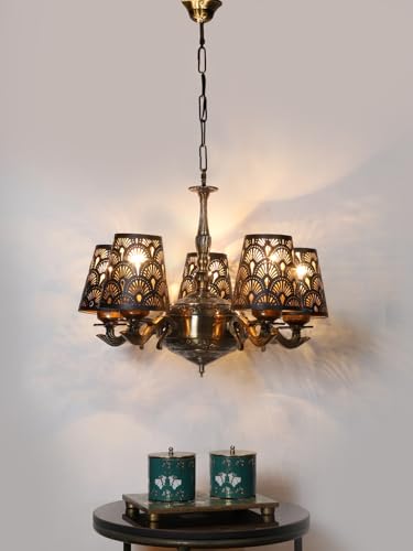 Image of Devansh 05 Lights Metal Etched Shade with Antique Golden Chandelier -Z