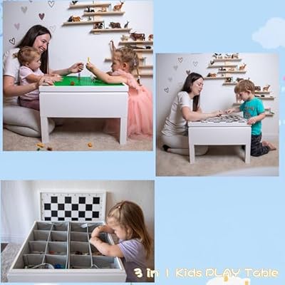 طاولة أنشطة للأطفال 3 في 1 من Utex مع مساحة تخزين، طاولة لعب للأطفال متوافقة مع مكعبات ليغو ودوبلو، طاولة شطرنج لمكعبات البناء والرسم والحرف اليدوية