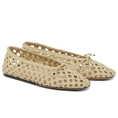 Women's Ballet Flats Crocheted Raffia Mesh Ballerina Shoes Bow Fishnet Mary Jane Dress Shoes Comfortable Round Toe Slip on Flats Causal Daily Work Shoes