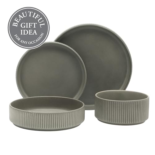 Image of Gibson Elite Deerfield 16-Piece Stoneware Dinnerware Set - Soft Grey Reactive Glaze, Stackable Plates and Bowls, Service for 4 - Microwave & Dishwasher Safe