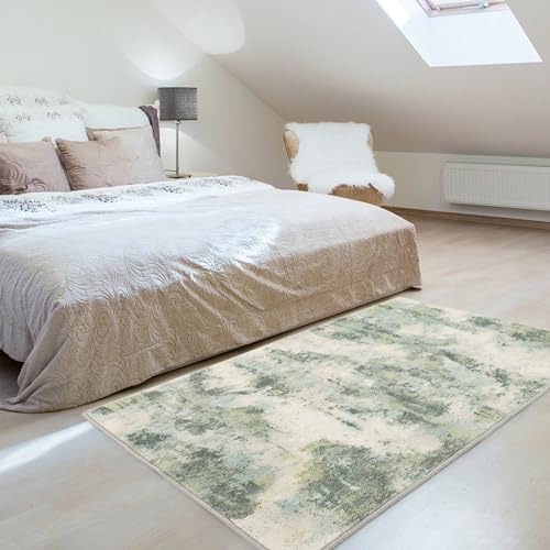 Carvapet Rugs for Living Room, Green Modern Abstract Low Pile Carpet with Rubber Backing, Foldable, Non Slip Machine Washable (6 x 4 Feet Rectangular, Sage Green Area Rug)