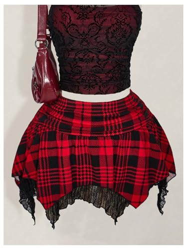 Verdusa Women's Plus Size Y2K Plaid Lace Mini Skirt Rave Club Ruched Flowy Summer Skirts4