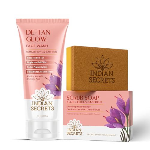 Image of Glow Combo | De-Tan Face Wash & Scrub Soap For Brightening & Glowing Skin | Kojic Acid, Saffron, Glutathione, Niacinamide, Turmeric | Reduces Tan | For Men & Women, Pack of 2