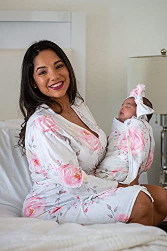 Image of MOMMY O CLOCK Maternity Robe and Baby Swaddle Blanket, Milk Silk Matching Delivery Robe and Swaddling Wrap for Mom and Baby