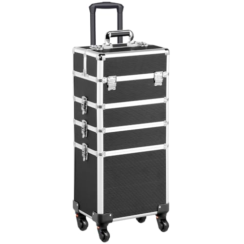 Yaheetech 4 in 1 Beauty Case Rolling Cosmetics Organiser Makeup Vanity Case Lockable Hairdressing Trolley Black