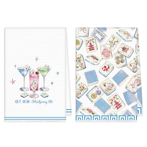 gisgfim 2Pcs Mahjong Gifts Kitchen Towels Mah Jong Waffle Weave Dish Tea Towels Mahjong Accessories Hostess Gifts for Women Decorative Hand Tea Towel for Kitchen Bathroom Decor 16×24inches (Blue)