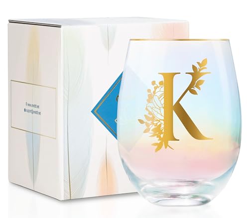 Onebttl Personalized Wine Gifts for Women, Cute Stemless Wine Glass with Initials, Monogrammed Gifts for Wine Lovers on Birthdays Christmas, K