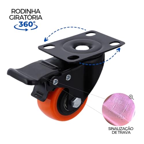 Kit 6 Rodas Rodinhas Rodizio Giratórias Roda de Borracha Com Freio (Laranja)