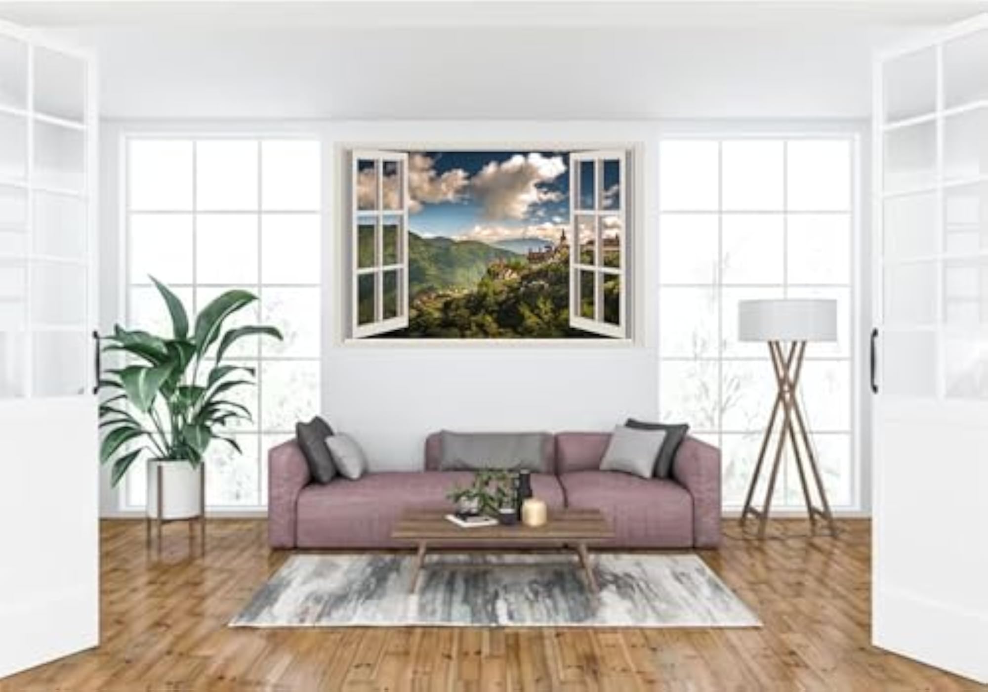 3D Mountain Castle Window View Wall Sticker