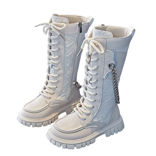 Girls Black Combat Boots Mid Calf Lace Up Riding Boots PU Leather Side Zipper Punk Cosplay Boots for Girls 4-12 Years