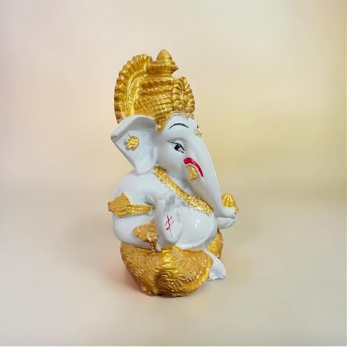 Image of JOY LAND Lord Ganesha Car Dashboard Idol | White & Gold Ganesh Murti for Car Dashboard, Home & Office Decor (Full Gold)