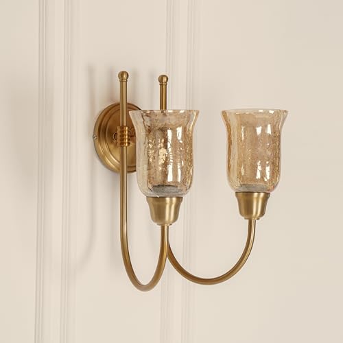 Image of Divine Trends Double Hockey Wall Lamp Antique Brass Finish with Chimney Crackled Glass Shade for Living Room, Bedroom, Home Decoration Wall Light - Pack of 1