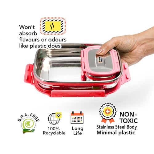Image of Personalized Tiffin | Customized Lunch Box with Lids | Personalized Stainless Steel Tiffin Box | Your Child's Name and Favourite Character Engraved | for School Students (Red)