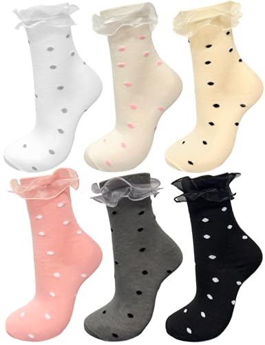 Image of 6 Pairs Women Big Ruffle Dot Socks Turn Cuff, Double Lace Ankle Frilly Socks for Women Ladies(White, Cream Yellow, Yellow, Pink, Grey, Black)