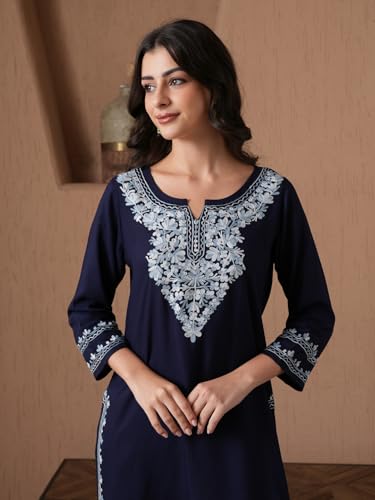 Image of QAZMI Women's Aari Embroidered Viscose Rayon 3 /4 Sleeves Keyhole Neck Straight Kurta