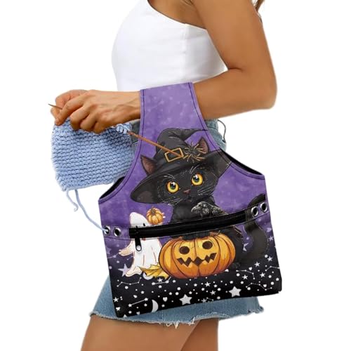 Image of KUIFORTI Cat Yarn Bag, Pumpkin Knitting Crochet Bag, Ghost Yarn Storage Bag Organizer, Halloween Gifts for Women Wrist Bag, Yarn Tote Bags for Crocheting, Holding Yarn, Knitting Needles, Small Size