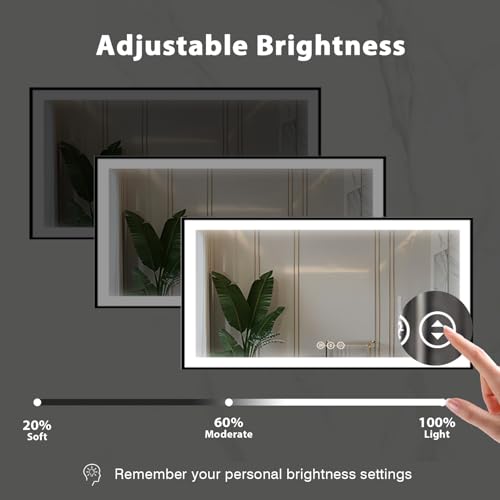60x30 Lighted Bathroom Mirror, Wall-Mounted, Black Rim Mirror, Vanity(Front and Backlit), Stepless Dimmable CRI90+, Anti-Corrosion, Anti-Rust, Touch Sense, Memory(Horizontal/Vertical)