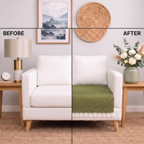 Image of BSB HOME 300 TC Premium Sofa Cover, Quilted Sofa Seat Cover with Decorative Tassels, Soft Comfortable Couch Protector, Stylish Furniture Cover for Living Room,60 x 48 Inches (152 x 122cm) - Sage Green