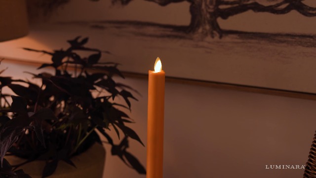 Image of Luminara Taper, 1 inch x 9.5 inch AA Battery Wax Flameless Candle w /Timer, Remote Available Russet Orange Flickering White LED Light Flame, Home Decor for Halloween Fall Indoor Candlestick Decoration