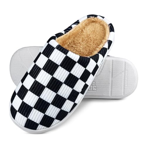 Checkered Memory Foam Slippers - Women's & Men's Soft Warm Bedroom House Slippers with Faux Fur Lining - Indoor/Outdoor - Pink, White, Black - Size 8/9