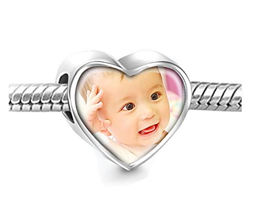 moonlove 925 plata de ley corazón Photo Charm Beads personalizado su propia imagen Europea Pandora Troll Chamilia Biagi pulsera tobillera Collar para cumpleaños de Navidad regalo de recuerdo de bebé