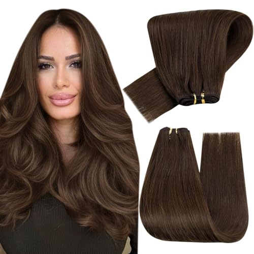 Hetto Weft Hair Extensions Real Human Hair Chocolate Brown, Invisible Sew in Weft Hair Extensions