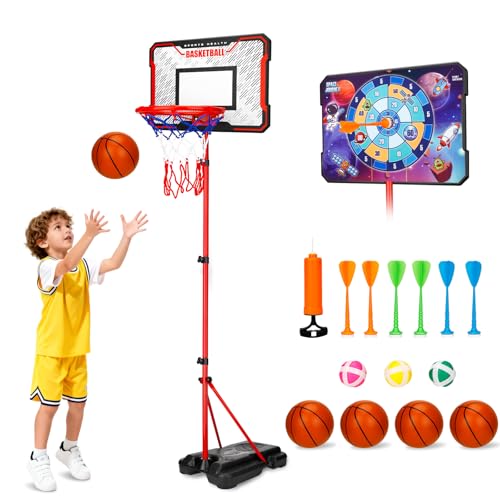 TOSUTO Canasta Baloncesto Infantil,2 en 1 Juguetes para Niños - Baloncesto y Dardos,Altura Ajustable 103-189cm,Canasta Baloncestos Exterior Interior para Niños de 3 a 8 Años