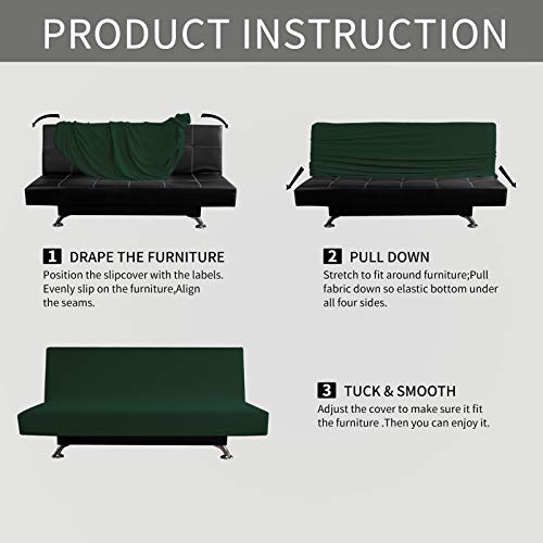 Image of Easy-Going Stretch Medium Futon Slipcover Armless Futon Cover Dark Green | Sofa Bed Furniture Protector Without Armrests with Elastic Bottom for Kids, Soft Jacquard Machine Washable