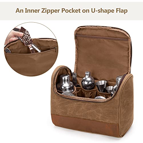 LoDrid Travel Bartender Bag for Bar Kit, Genuine Leather Waxed Canvas Portable Bartender Carry Bag with Handle for Travel Home Indoor Outdoor Party (Bag Only), (Patent Design)2