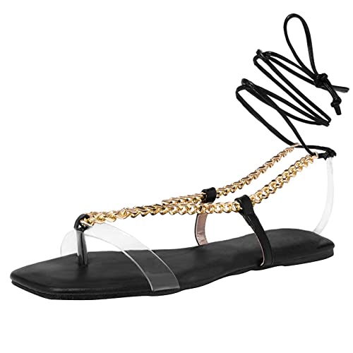 Sandals for Women Flat, Women s Summer Flatform with Chain Cross Lace up Slippers Flip Flops Outdoor Square Toe Shoes