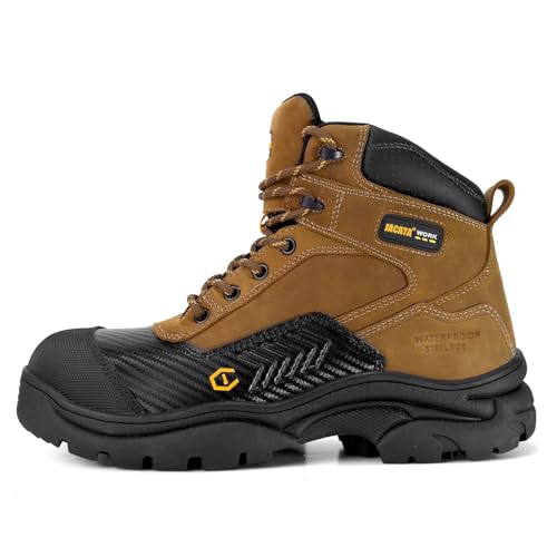 Waterproof Leather Soft/Steel Toe Work Boots For Men,Heavy Duty 6Inch Oil/Slip Resistant Rubber Outsole Comfortable Construction Industrial Safety Men’s Work Boots