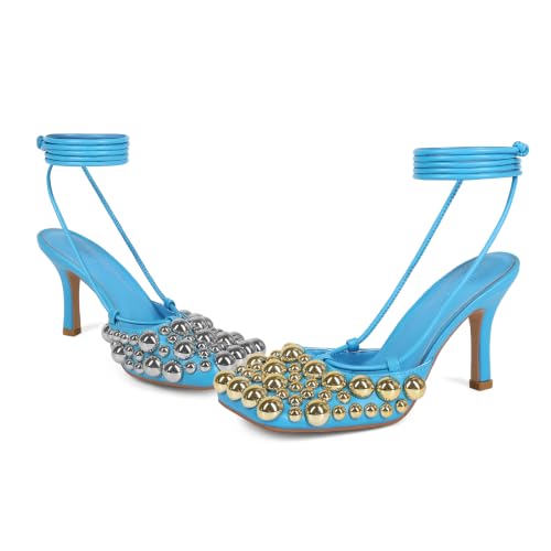 Image of Saint Leia Women's 4IN High Heel Sandals Nude Stiletto Pumps with Gold Silver Pearls Heels for Weddings Parties and Evening Wear