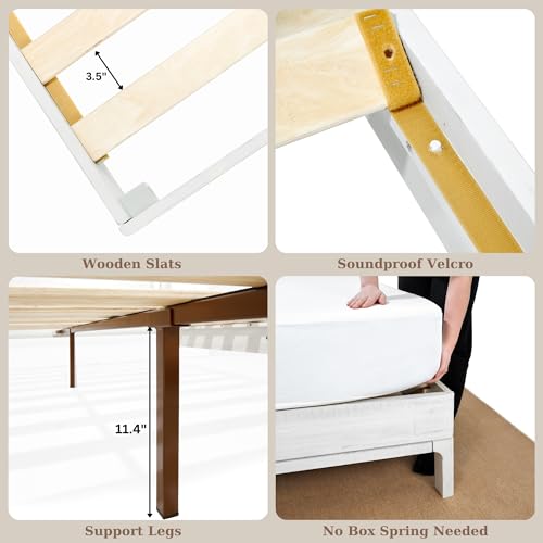Image of Bme Ethan Queen Bed Frame with Diamond Headboard, Mid-Century Modern, Solid Acacia Wood, No Box Spring Needed, Fits All Mattresses, Rustic White