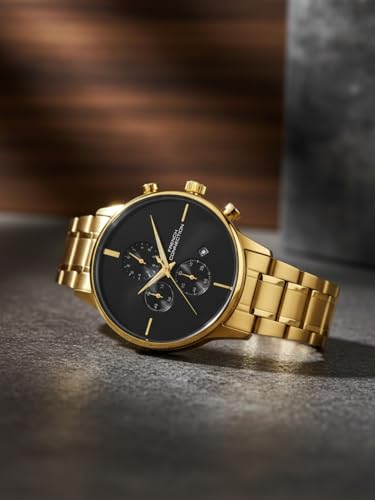 Image of French Connection Black Embossed Round Dial with Gold Stainless Steel Strap Chronograph Watch for Mens - FCO5GM