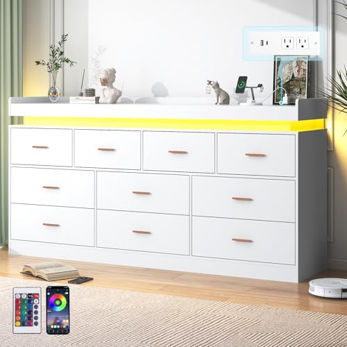 Image of jiteentarou 10 Drawer Dresser with Charging Station and LED Lights, Modern Chest of Drawers with Power Outlet, Organizer Cabinet for, Living Room, Entryway, White