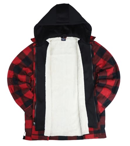 Image of LeeHanTon Mens Heavyweight Hoodies Casual Zip Up Plaid Flannel Shirt Jackets Winter Thick Berber Lined Fleece Coat