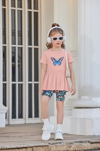 Image of Arshiner Girls Summer Outfits Short Sleeve Ruffle Hem Top and Biker Shorts Set Girl Clothes 4-15 Years
